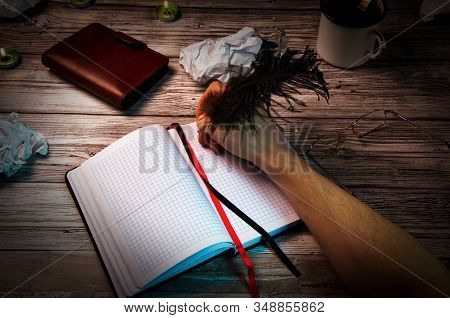 Flour, Writer, Search, Inspiration. Poet, Pistel, Hand Of A European Man Writes With A Pen In A Note