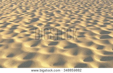 Brown Dry Sand On The Beach With Fossas Under Summer Bright Evening Sun Light Closeup Perspective Vi
