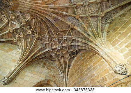 Leon, Spain - June 27, 2017: Detail of the vault in the cloister of the monastery of San Isidoro.