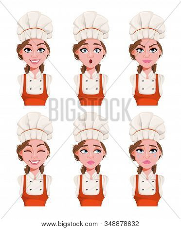 Face Expressions Of Beautiful Young Chef Woman. Different Female Emotions Set. Beautiful Cartoon Cha