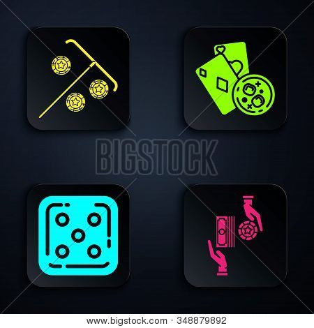 Set Casino Chips Exchange On Stacks Of Dollars, Stick For Chips, Game Dice And Playing Cards And Gla
