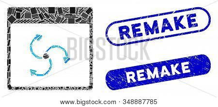 Mosaic Cyclone Calendar Page And Rubber Stamp Seals With Remake Phrase. Mosaic Vector Cyclone Calend
