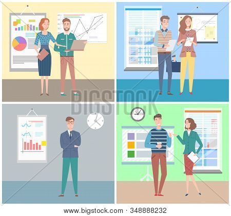 Meeting And Conference Of Working People Vector, Man And Woman With Laptop And Charts Showing Analyz