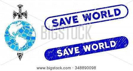 Mosaic Earth Guard And Distressed Stamp Seals With Save World Phrase. Mosaic Vector Earth Guard Is D