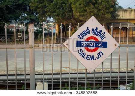 Salem, Tamil Nadu / India - 28 January 2020: Sign Board In Railway Station Indicating Salem Junction