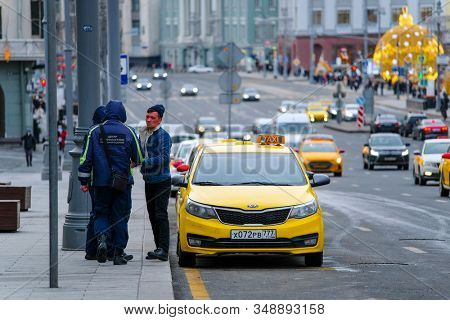 Mosocw, Russia - January, 26, 2020: the image of the taxi on Mosocw street
