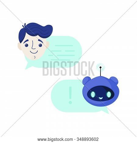 Chat Bot Robot Isolated On White. Customer Support Service. Online Consultation. Man Chatting With C