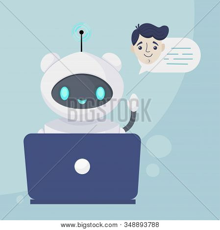 Chat Bot Robot And Notebook, Chatting With Man. Customer Support Service. Online Consultation. Speak
