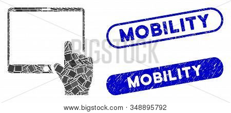 Collage Hand Points Mobile Tablet And Distressed Stamp Seals With Mobility Text. Mosaic Vector Hand 