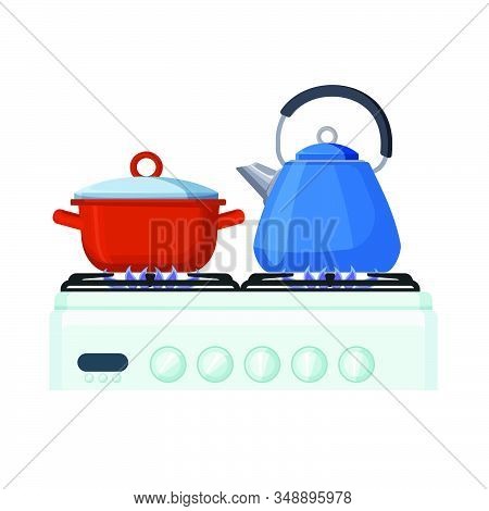 Gas Stove With Pan And Kittle. Home Kitchen Food Cooking Vector Illustration.