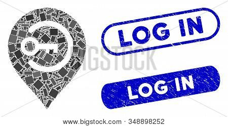 Mosaic Key Login Marker And Rubber Stamp Seals With Log In Phrase. Mosaic Vector Key Login Marker Is
