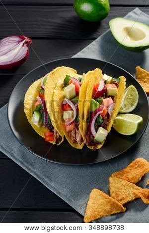 A Plate Of Homemade Tacos. Cripsy Tortillas