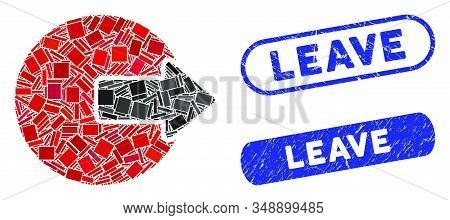 Mosaic Logout And Corroded Stamp Seals With Leave Caption. Mosaic Vector Logout Is Designed With Ran