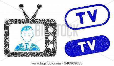 Mosaic Tv Dictor And Grunge Stamp Watermarks With Tv Caption. Mosaic Vector Tv Dictor Is Formed With