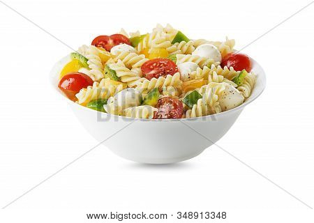 Pasta Salad With Mozzarella Cheese And Vegetables Isolated On White. Healthy Pasta Meal.