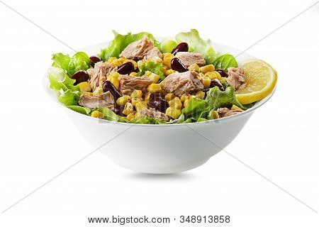 Healthy Green Salad With Tuna, Corn And Beans Isolated On White Background. Mexican Corn Salad.