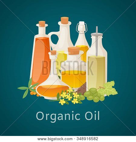 Organic Oil From Vegetables, Berries And Fruits Glass Pitchers, Bottles And Flowers Poster Vector Il