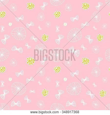 Doodle Butterflies And Wildflowers On A Pink Background Seamless Vector Pattern. Girly Light Suface 