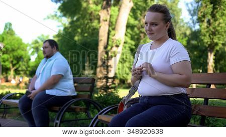 Shy Obese Man And Insecure Woman Afraid To Get Acquainted, Inexperienced