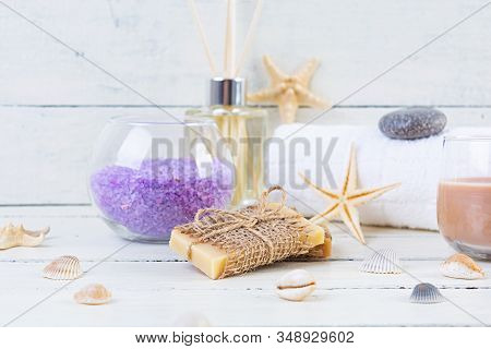 Bathroom Accessories. Spa And Beauty Theatment Products. Concept Of Natural Spa Cosmetics And Organi