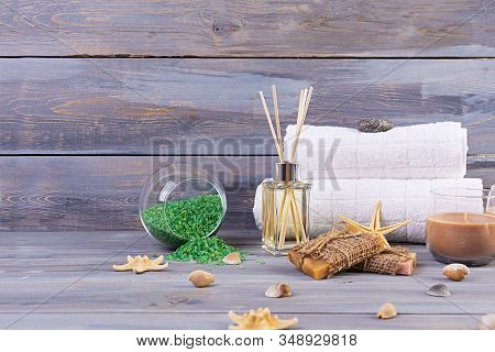 Bathroom Accessories. Spa And Beauty Theatment Products. Concept Of Natural Spa Cosmetics And Organi