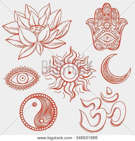 Spiritual Symbols Vector Illustration. Hamsa Hand, Lotus Flower, Evil Eye, Moon, Sun, Yin-yang And O