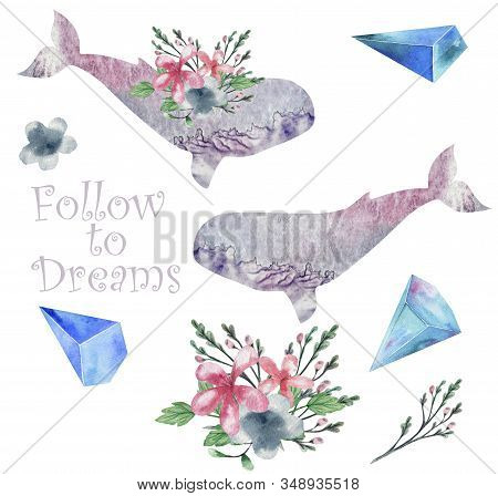 Whale Watercolor Fatasy Whale Flowers And Crytstal Follow To Dream Flying Blue Bounquet Sea Deep Cha