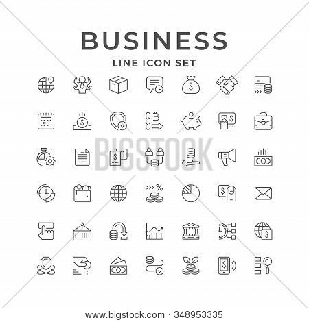 Set Line Icons Of Business Isolated On White. Time Management, Money, Finance, Marketing, Freight Tr