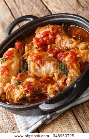 Andorran Cunillo Rabbit In Tomato Sauce Is A National Specialty Dish Closeup In A Pan. Vertical