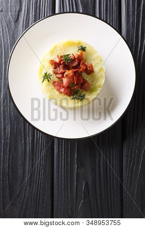 Andorian Cuisine Trinxat Spicy Mashed Cabbage Potato Topped With Fried Bacon Closeup In A Plate. Ver