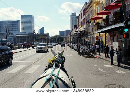 New Orleans, Louisiana, U.s.a - February 1, 2020 - The View Of Decatur Street From The Back Of A Hor