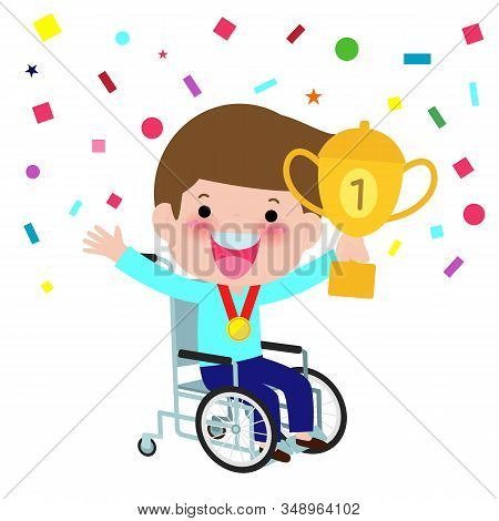 Handicapped Boy In A Wheelchair Holding Winner Cup And Smiling. Happy Champion With Incapacitation W