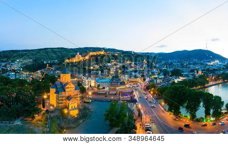 The Evening Panorama Of The Old Town In The Old District Of Avlabari, Holy Trinity Cathedral And Rik