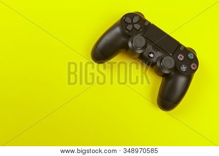 Russia, Oktober 24 2019: Computer Game Competition. Gaming Concept. Joysticks Isolated On Color Back