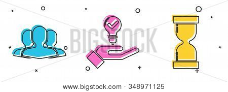 Set Users Group, Light Bulb In Hand And Old Hourglass With Flowing Sand Icon. Vector