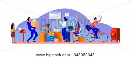 People Working At Post Office Flat Vector Illustration. Shipping And Delivery Service Concept. Mail 