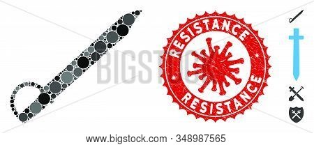 Mosaic Saber Icon And Red Rounded Corroded Stamp Watermark With Resistance Text And Coronavirus Symb