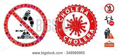 Collage No Microscope Icon And Red Rounded Rubber Stamp Seal With Cholera Caption And Coronavirus Sy