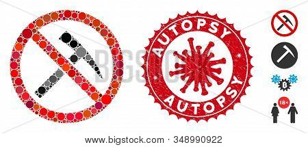 Mosaic No Mining Tools Icon And Red Round Rubber Stamp Seal With Autopsy Phrase And Coronavirus Symb