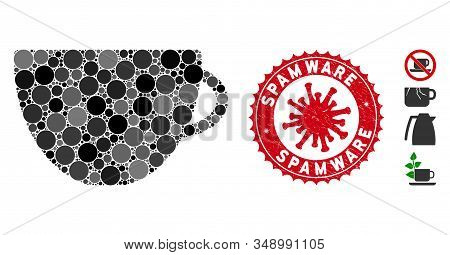Mosaic Tea Cup Icon And Red Rounded Rubber Stamp Watermark With Spamware Caption And Coronavirus Sym