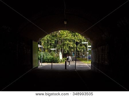 Berlin, Germany- October 6, 2019: Pedestrian Crossing Under The Railway Bridge, Exit On Puschkinalle
