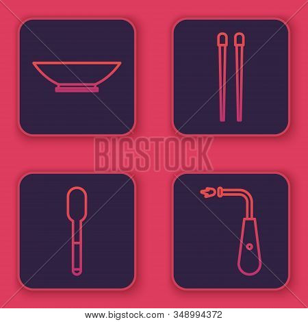 Set Line Bowl, Spoon, Food Chopsticks And Long Electric Lighter. Blue Square Button. Vector