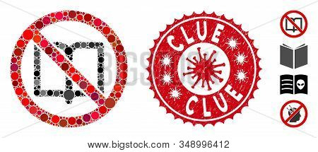 Collage No Open Book Icon And Red Rounded Rubber Stamp Seal With Clue Phrase And Coronavirus Symbol.