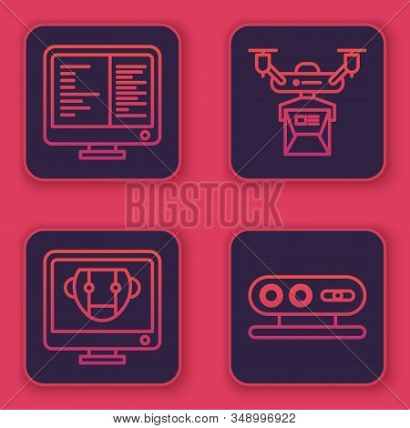 Set Line Computer Monitor Screen, Bot, Drone Delivery Concept And 3d Scanning System. Blue Square Bu