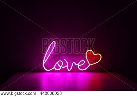 Pink And Red Neon Heart With The Inscription Love. Valentine Day. Neon Sign. Custom Neon. Home Decor