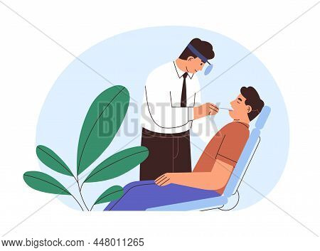 Ent Doctor Checking Throat. Patient At Audiologist Office. Man Visiting Otolaryngologist For Medical