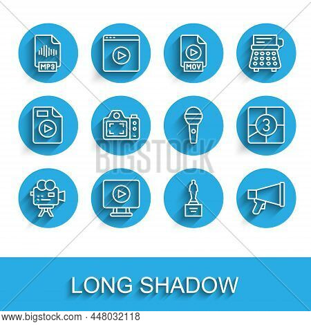Set Line Retro Cinema Camera, Online Play Video, Mp3 File Document, Movie Trophy, Megaphone, Photo, 