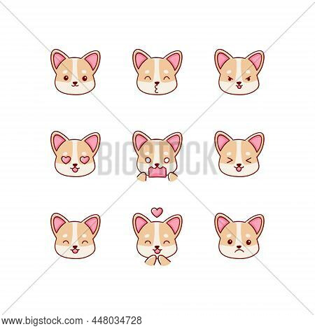 Collection Of Funny Cute Corgi, Dog Emoticon Characters In Different Emotions. Illustration