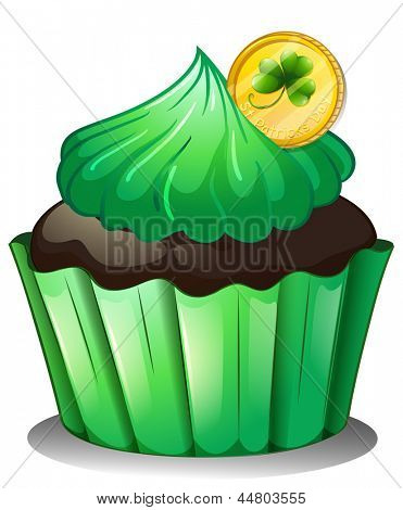 Beispiel für eine Schokolade Cupcake mit einer Münze an der Spitze auf weißem Hintergrund