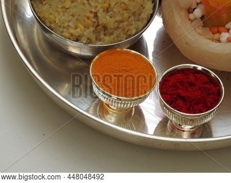Group Of Pongal Or Makara Sankranti Festival Foods In A Silver Plate Isolated On White Background